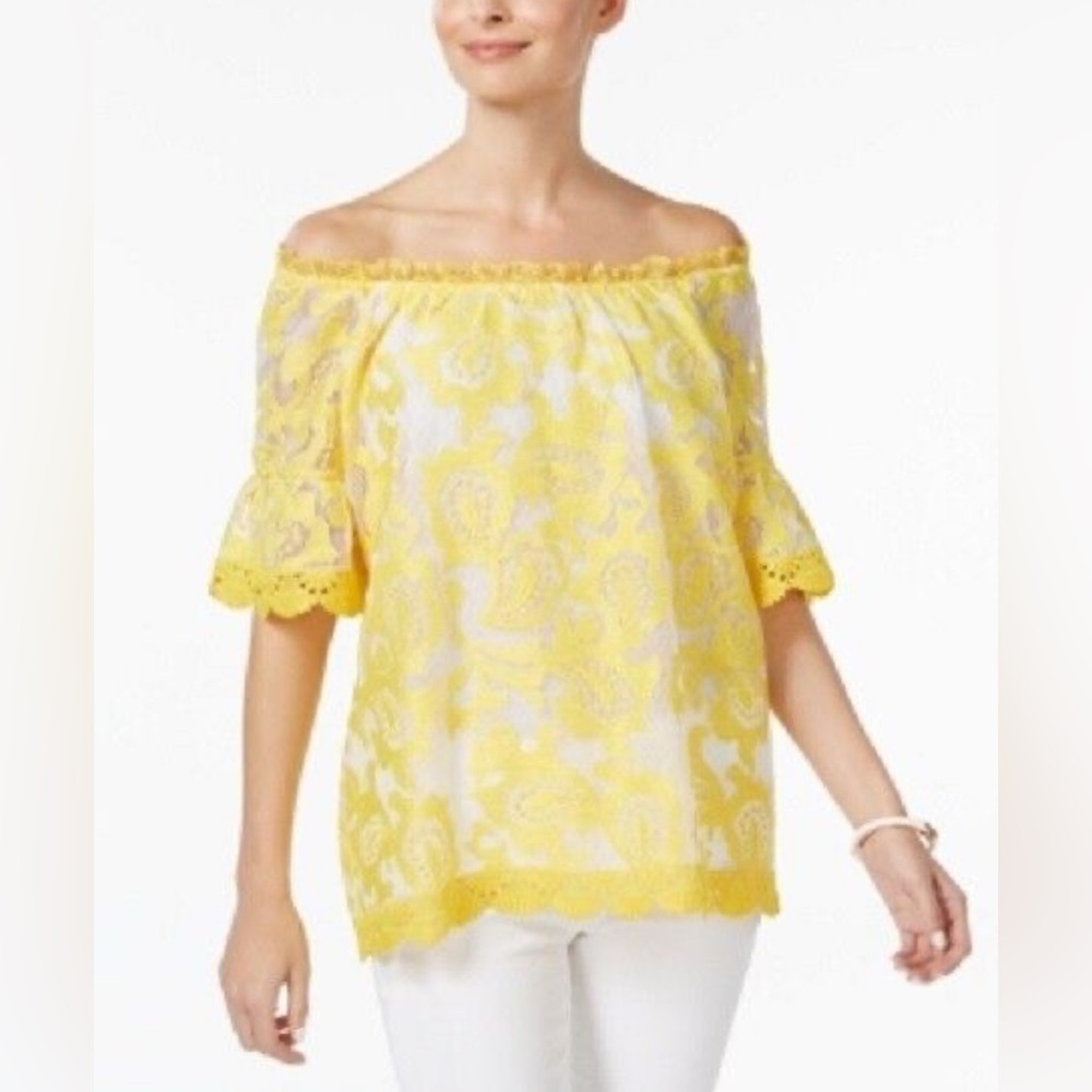 Charter Club yellow lace overlay off shoulder blouse size small I3